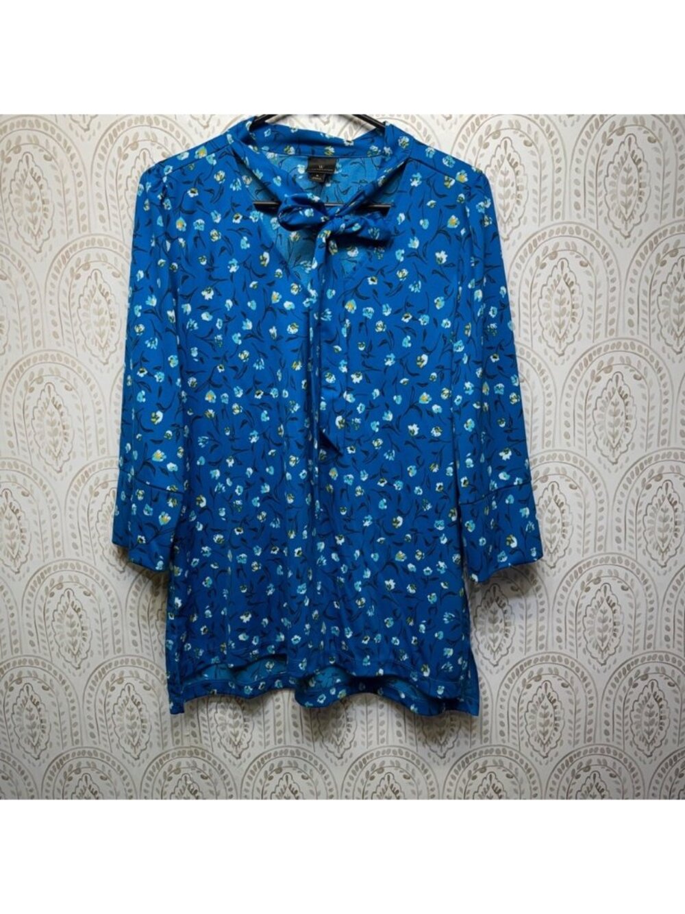 Worthington‎ Women's Blue Floral Tie Neck Blouse 3/4 Sleeve Top Large